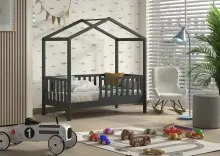 Hausbett >Junior< in Kiefer Anthrazit, Massivholz -...