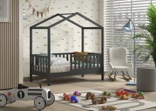Hausbett >Junior< in Kiefer Anthrazit, Massivholz - 148x150,6x75,8cm (BxHxT)