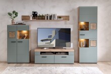 Vitrine >Kathlin< 1 Tür, inkl. LED, schilfgrün / Eiche Dekor - 65x205x37 (BxHxT)