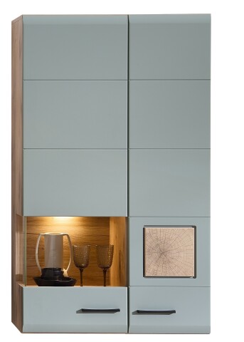 Hängevitrine >Kathlin< 2 Türen, inkl LED, schilfgrün / Eiche Dekor - 80x136x37 (BxHxT)
