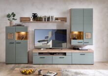 Hängevitrine >Kathlin< 2 Türen, inkl LED, schilfgrün / Eiche Dekor - 80x136x37 (BxHxT)