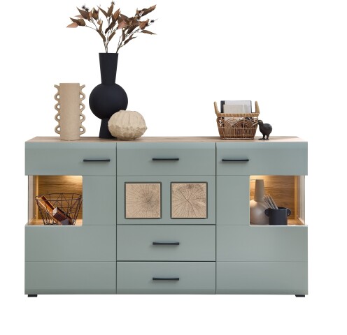 Kommode >Kathlin< 2 Türen, 3 Schübe, LED, schilfgrün / Eiche Dekor - 170x94x42 (BxHxT)