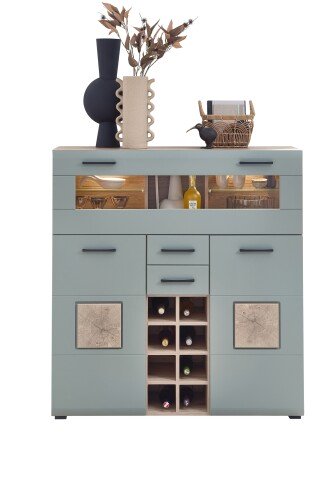 Barschrank >Kathlin< Barfach, Stauraum, LED, schilfgrün / Eiche Dekor - 120x129x37 (BxHxT)