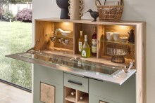 Barschrank >Kathlin< Barfach, Stauraum, LED, schilfgrün / Eiche Dekor - 120x129x37 (BxHxT)