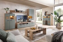 Barschrank >Kathlin< Barfach, Stauraum, LED, schilfgrün / Eiche Dekor - 120x129x37 (BxHxT)