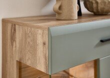 Barschrank >Kathlin< Barfach, Stauraum, LED, schilfgrün / Eiche Dekor - 120x129x37 (BxHxT)