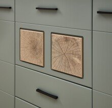 Barschrank >Kathlin< Barfach, Stauraum, LED, schilfgrün / Eiche Dekor - 120x129x37 (BxHxT)