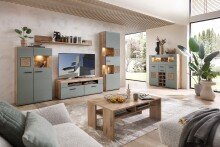 Barschrank >Kathlin< Barfach, Stauraum, LED, schilfgrün / Eiche Dekor - 120x129x37 (BxHxT)