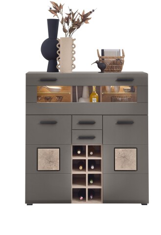 Barschrank >Kathlin< Barfach, Stauraum, LED, basalt / Eiche Dekor - 120x129x37 (BxHxT)