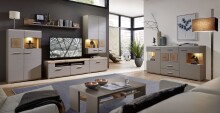 Barschrank >Kathlin< Barfach, Stauraum, LED, basalt / Eiche Dekor - 120x129x37 (BxHxT)
