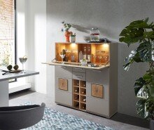 Barschrank >Kathlin< Barfach, Stauraum, LED, basalt / Eiche Dekor - 120x129x37 (BxHxT)