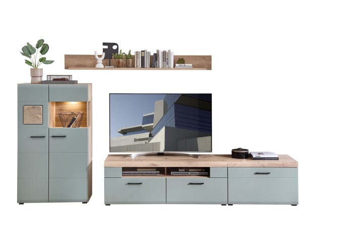 Wohnwand >Kathlin< (4-teilig) schilfgrün / Eiche Dekor - ca. 300x139x37cm (BxHxT)