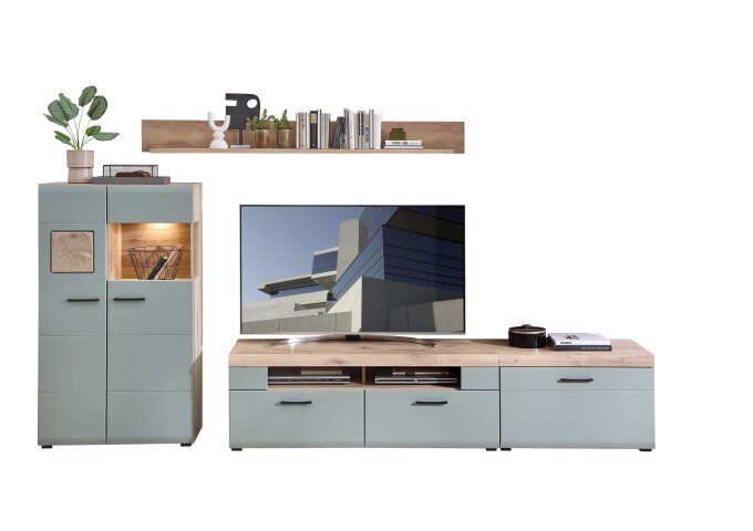 Wohnwand >Kathlin< (4-teilig) schilfgrün / Eiche Dekor - ca. 300x139x37cm (BxHxT)