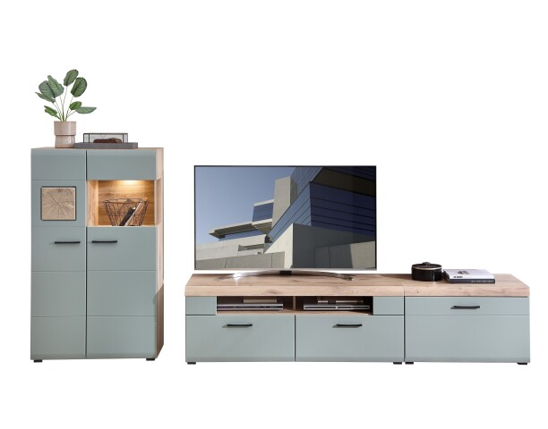 Wohnwand >Kathlin< (3-teilig) schilfgrün / Eiche Dekor - ca. 320x139x47 cm (BxHxT)
