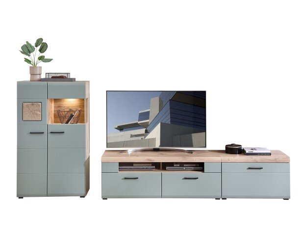 Wohnwand >Kathlin< (3-teilig) schilfgrün / Eiche Dekor - ca. 320x139x47 cm (BxHxT)
