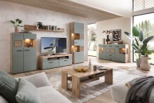 Wohnwand >Kathlin< (4-teilig) in schilfgrün / Eiche Dekor - 325x205x47cm (BxHxT)