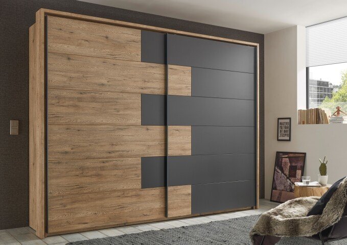 Schwebetürenschrank >LINEA< inkl. Passepartout, Bartex Eiche Dekor / Graphit - 280x215x60 (BxHxT)