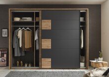 Schwebetürenschrank >LINEA< inkl. Passepartout, Bartex Eiche Dekor / Graphit - 280x215x60 (BxHxT)