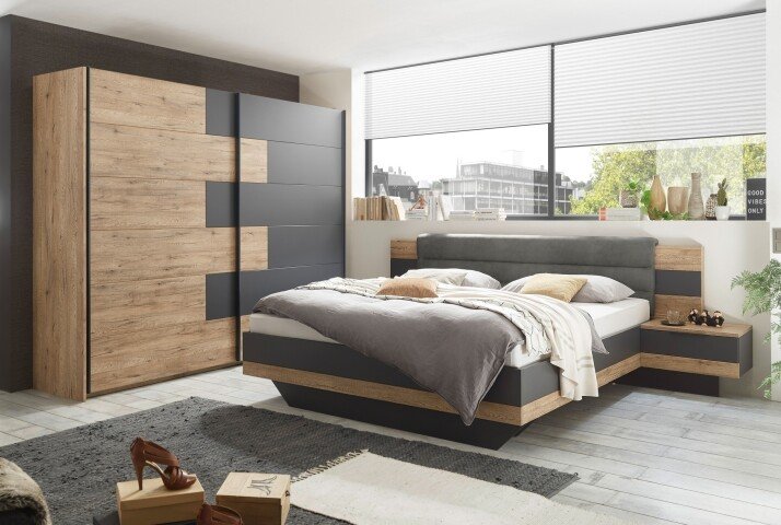 Schlafzimmer-Set >LINEA< (2-teilig) Bartex Eiche/Graphit, Schrank 280x215x58, Bett 296x97x210