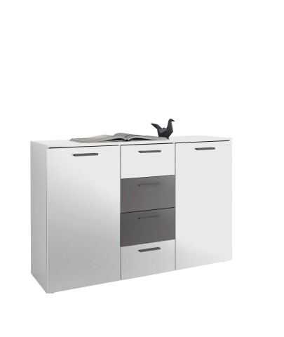 Sideboard >ASCHAU< 4 Schübe, 2 Türen, Weiß / Graphit - 140x89x38cm (BxHxT)