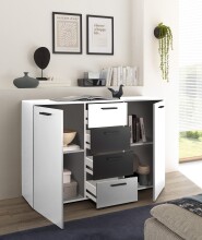 Sideboard >ASCHAU< 4 Schübe, 2 Türen, Weiß / Graphit - 140x89x38cm (BxHxT)