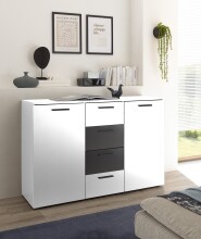Sideboard >ASCHAU< 4 Schübe, 2 Türen, Weiß / Graphit - 140x89x38cm (BxHxT)