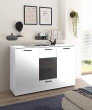 Sideboard >ASCHAU< 4 Schübe, 2 Türen, Weiß / Graphit - 140x89x38cm (BxHxT)