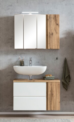Badmöbel-Set >Paris< (2-tlg.) in weiß / Wotaneiche-Dekor - 85x195x35cm (BxHxT)