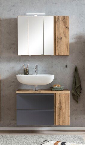 Badmöbel-Set >Paris< (2-tlg.) in grau / Wotaneiche-Dekor - 85x195x35cm (BxHxT)