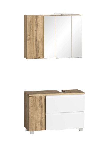 Badmöbel-Set >Paris< (2-tlg.) in matt-weiß / Wotaneiche-Dekor