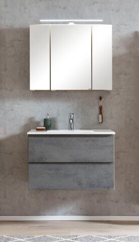Badmöbel-Set >Paris< (2-teilig) in Betongrau / Wotaneiche - 80x195x47cm (BxHxT)