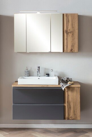 Badmöbel-Set >Paris< (2-teilig) in grau / Wotaneiche-Dekor - 105x195x47 (BxHxT)