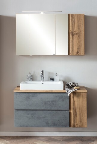 Badmöbel-Set >Paris< (2-teilig) in Betongrau / Wotaneiche - 105x195x47cm (BxHxT)
