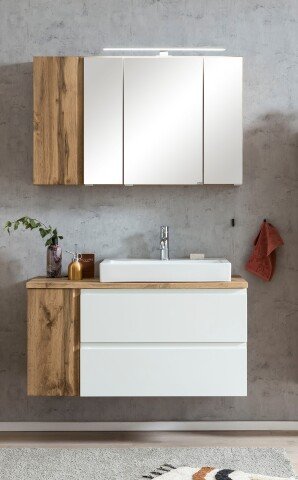 Badmöbel-Set >Paris< (2-teilig) in weiß / Wotaneiche-Dekor - 105x195x47 (BxHxT)