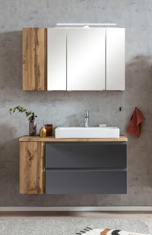 Badmöbel-Set >Paris< (2-tlg.) in grau / Wotaneiche-Dekor - 105x195x47cm (BxHxT)