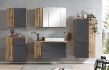Badmöbel-Set >Paris< (2-tlg.) in grau / Wotaneiche-Dekor - 105x195x47cm (BxHxT)