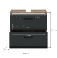 Waschbeckenunterschrank >Ice< in Nox Oak / Schwarz - 60x54x60cm (BxHxT)
