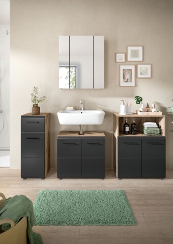 Badezimmer-Set >Ice< in Nox Oak / Schwarz - 180x185x30cm (BxHxT)