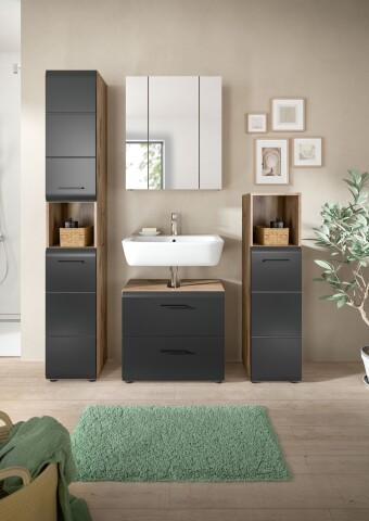 Badezimmer-Set >Ice< in Nox Oak / Schwarz - 150x185x30cm (BxHxT)