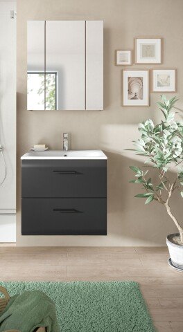 Badezimmer-Set >Ice< in Nox Oak / Schwarz - 60x185x46cm (BxHxT)