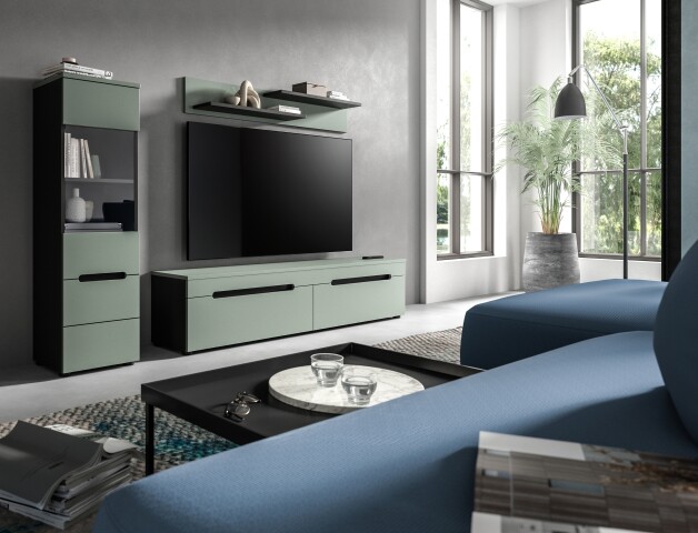 Wohnwand >Canu< in Basalt Grau / Smoke Green - 221x141x33cm (BxHxT)