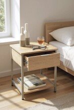 Beistelltisch >37780< Nachttisch, 1 Schublade, Eiche Dekor/Kaschmirgrau - 40x55x40cm (BxHxT)