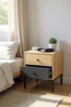 Nachtkommode >55496< 2 Schubladen, anthrazit, eiche Dekor, schwarz - 40x50x45 (BxHxT)