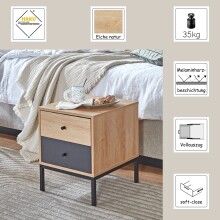 Nachtkommode >55496< 2 Schubladen, anthrazit, eiche Dekor, schwarz - 40x50x45 (BxHxT)