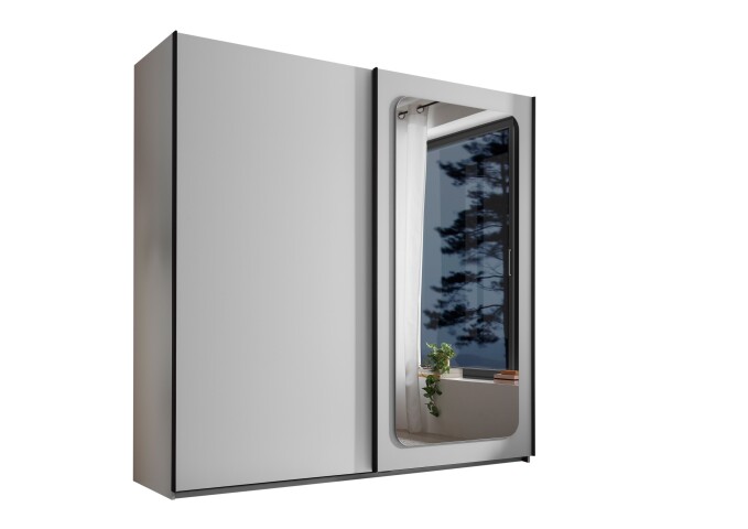 Schwebetürenschrank >MIONE< inkl. Beleuchtung, Spiegel / weiß - 215x210x60cm (BxHxT)