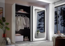 Schwebetürenschrank >MIONE< inkl. Beleuchtung, Spiegel / weiß - 215x210x60cm (BxHxT)