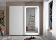 Schwebetürenschrank >MIONE< inkl. Beleuchtung, Spiegel / weiß - 215x210x60cm (BxHxT)