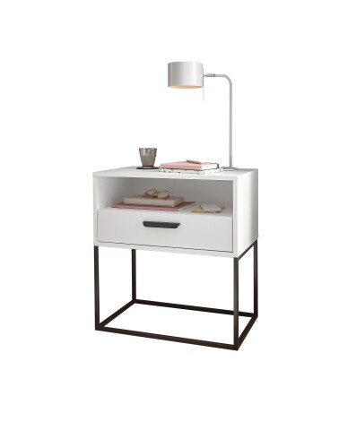 Nachtkommode >CUDRO< 1 Schublade, 1 Fach, Weiß / schwarz - 60x65x38,5cm (BxHxT)