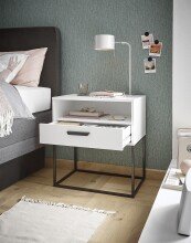 Nachtkommode >CUDRO< 1 Schublade, 1 Fach, Weiß / schwarz - 60x65x38,5cm (BxHxT)