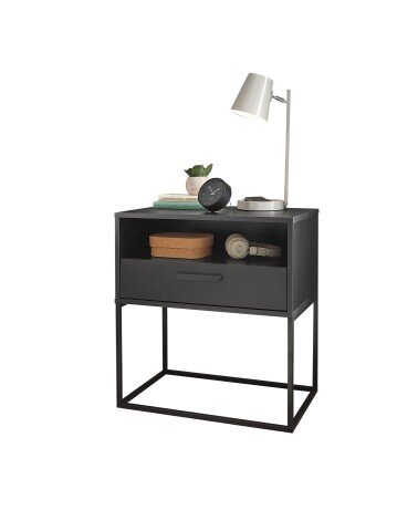 Nachtkommode >CUDRO< 1 Schublade, 1 Fach, Graphit / schwarz - 60x65x38,5cm (BxHxT)
